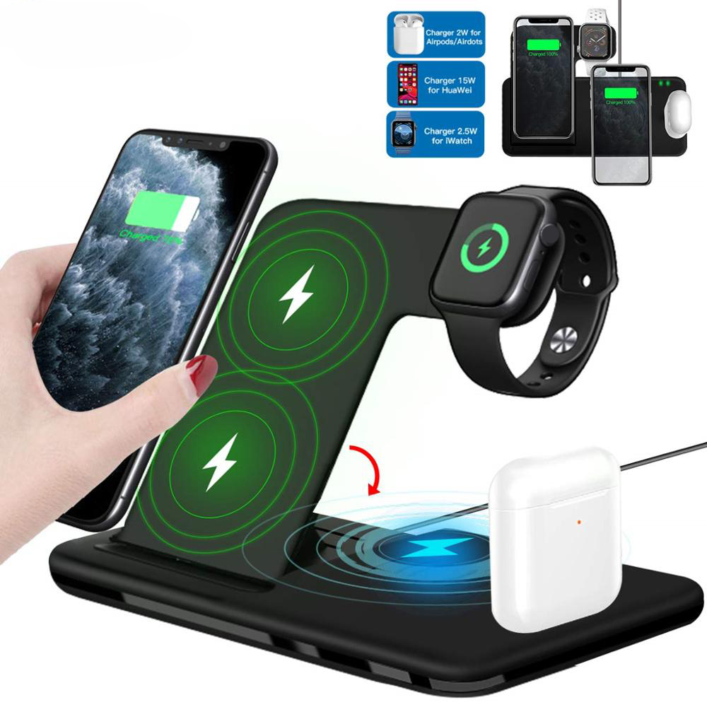 15W Qi Fast Wireless Charger Stand For iPhone 11 12 X 8 Apple Watch 4 in 1 Foldable Charging Dock Station for Airpods Pro iWatch