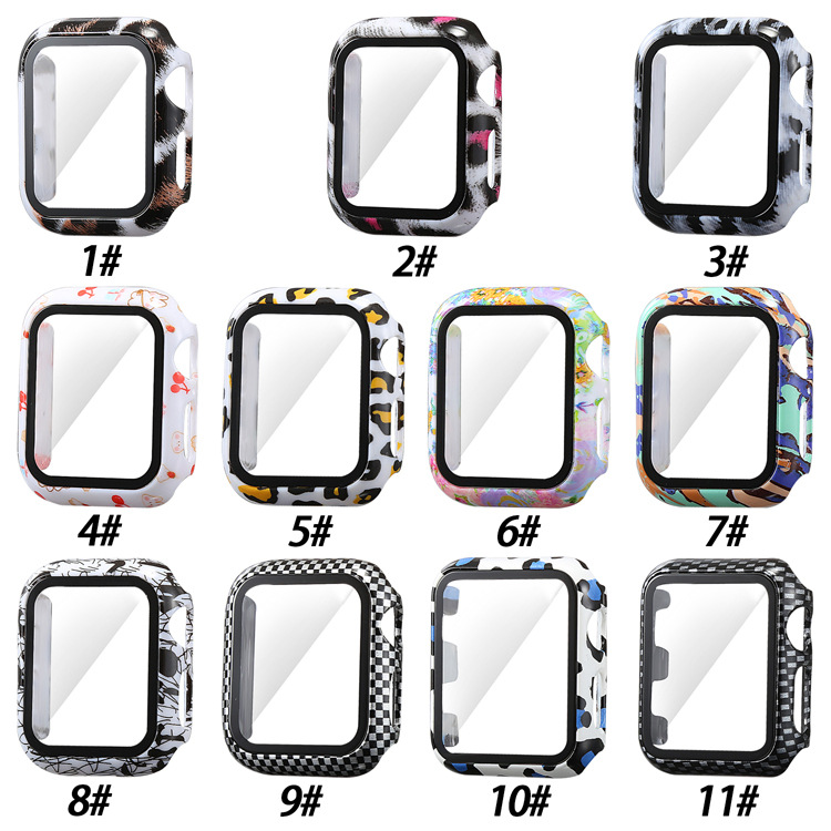 PC Leopard Print Cover with Glass Film for Apple Watch SE Cover Series 6 5 4 3 IWatch Screen Protector Bumper 40mm44mm 38mm 42mm