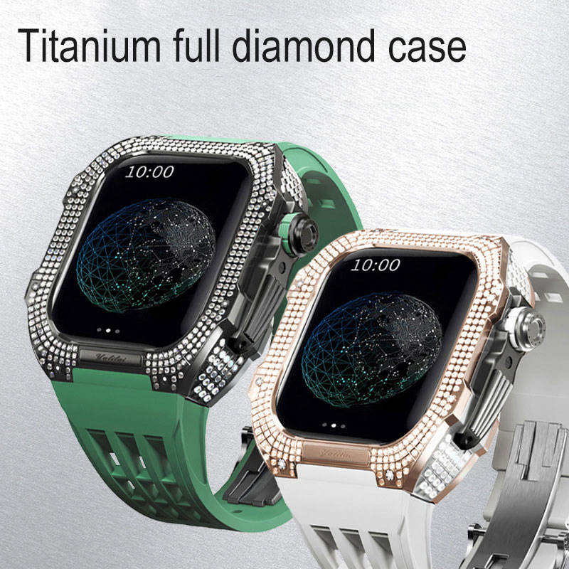  Luxury Titanium Diamond Frame Case Modification Kit For Apple Watch 8 7 6 5 Fluorine Rubber Strap Iwatch Series 44mm 45mm Band