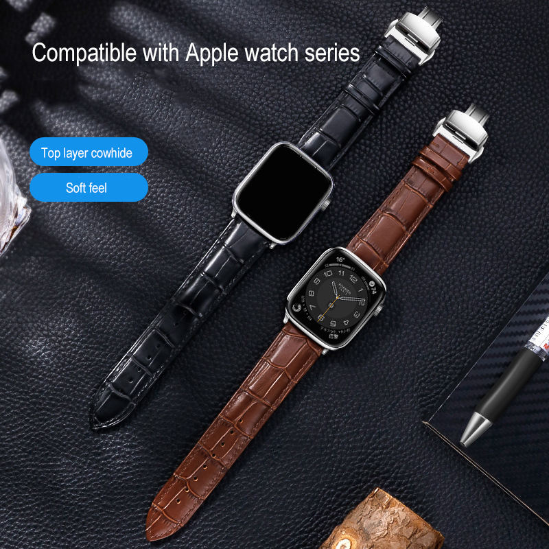 Bamboo Pattern First Layer Cowhide Butterfly Buckle Genuine Leather Watch Strap For Apple Watch Band Series 7 44mm 45mm