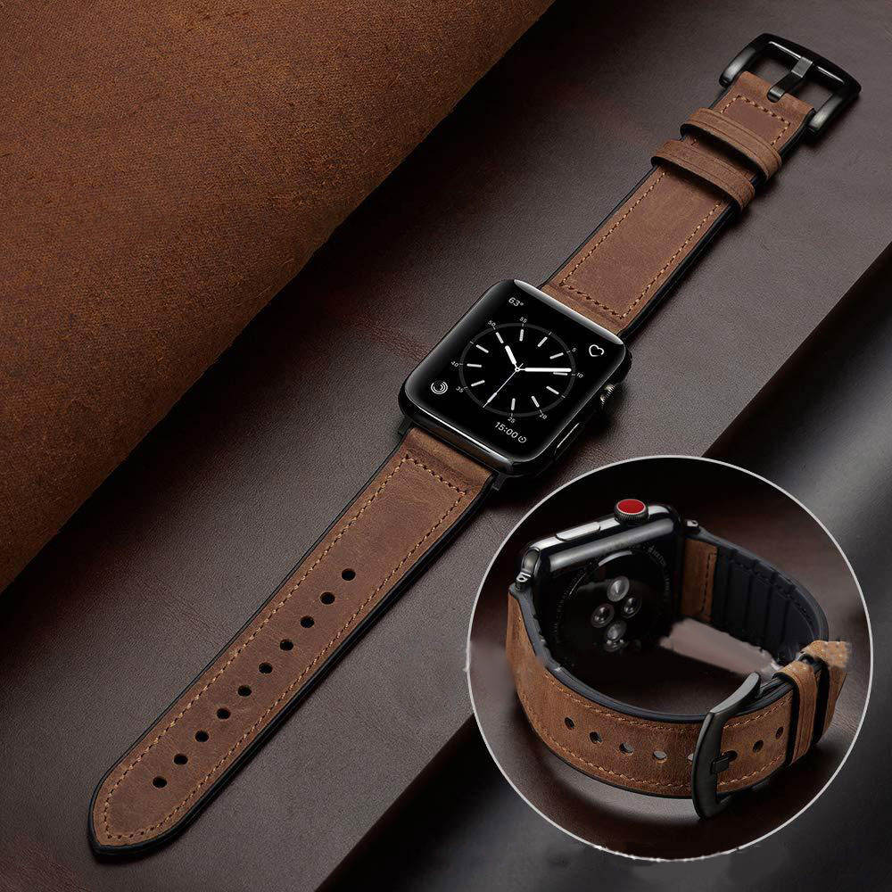  Sweatproof Vintage Dressy Genuine Leather And Rubber Silicone Hybrid Watch Strap For Apple Watch Band Iwatch Se 7 6 38 40 41 Mm